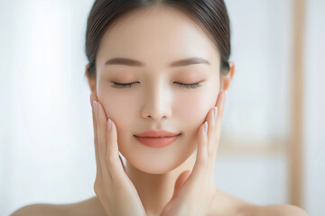 Naklejka premium スキンケア中の美しい日本人女性のポートレート