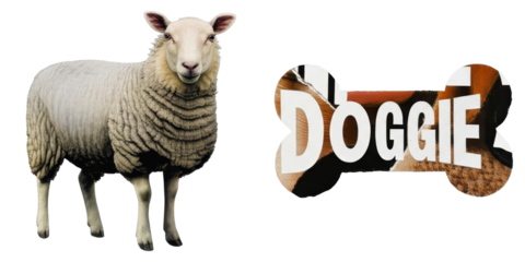 PNG fluffy sheep and a playful doggie stand side-by-side.