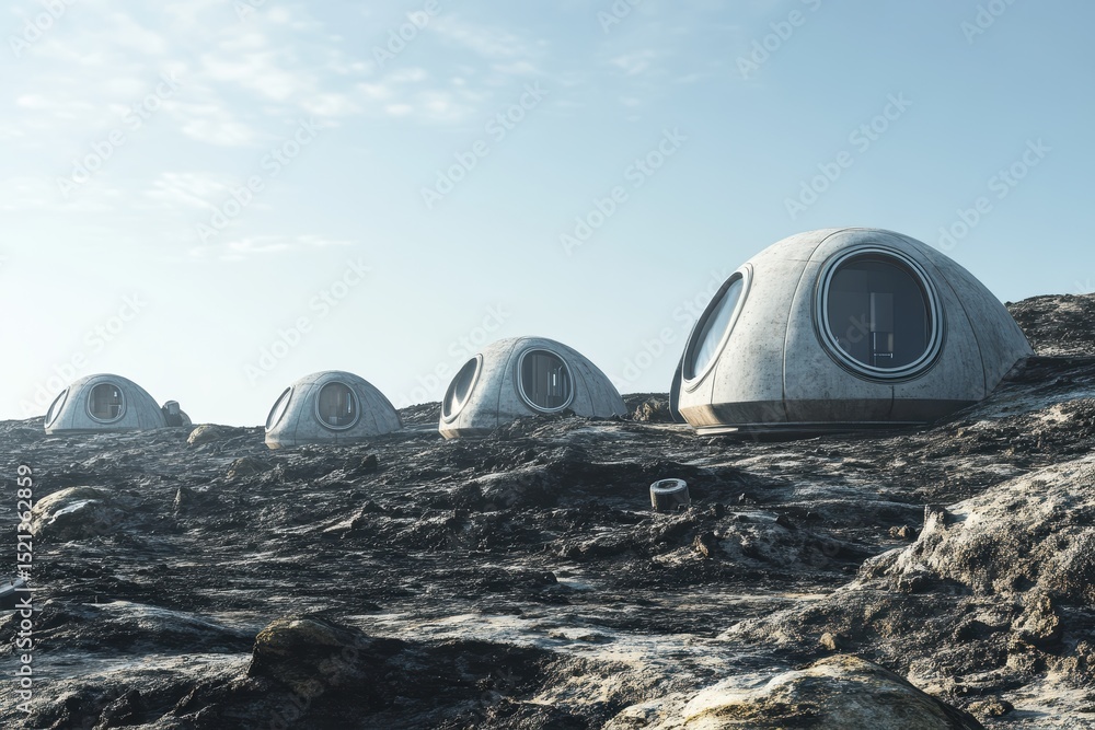 Poster futuristic habitat structures on a rocky terrain reflecting advanced digital architecture vision