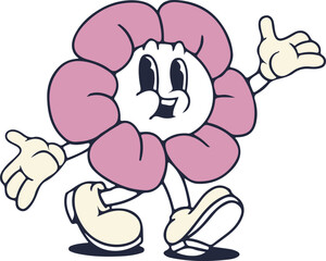 Playful Flower Cartoon Character in Retro Style