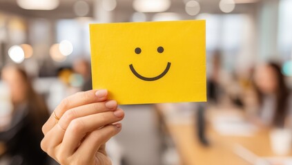 A hand holds a yellow card with a smiley face in a bright, blurred office environment.