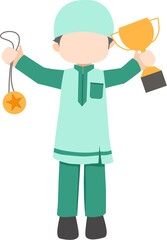 Muslim kid boy student holding trophy with medal