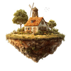 House and wind turbines on a floating island.