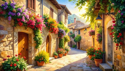 Fototapeta premium Charming stone alleyway in Mediterranean village decorated with vibrant flowers and glowing lamps representing romantic travel, tradition and timeless beauty
