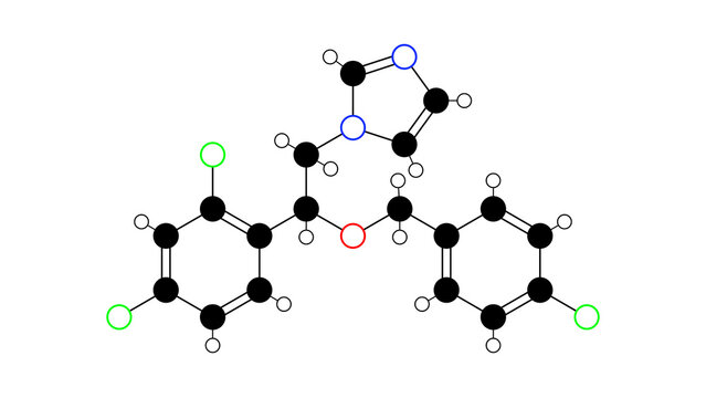 econazole molecule, structural chemical formula, ball-and-stick model, isolated image antifungal