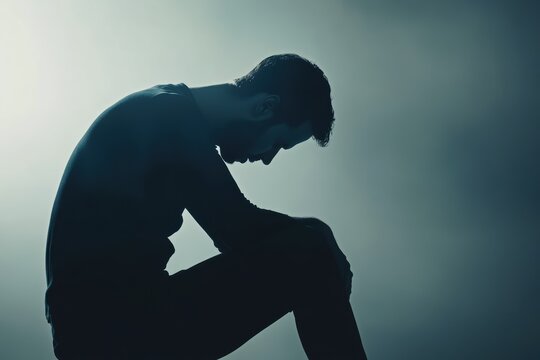 Man in contemplation sitting on the ground during a foggy evening in a city landscape