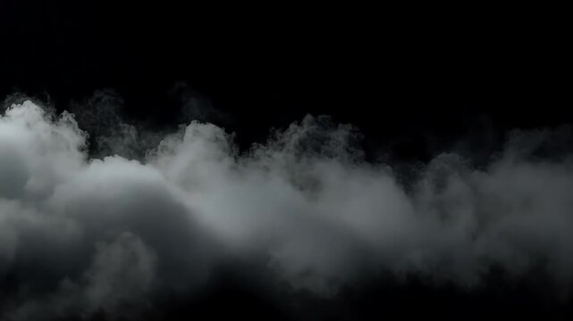 Dramatic White Smoke Clouds Drifting Against a Black Background Perfect for Film Effects and Atmospheric Compositions