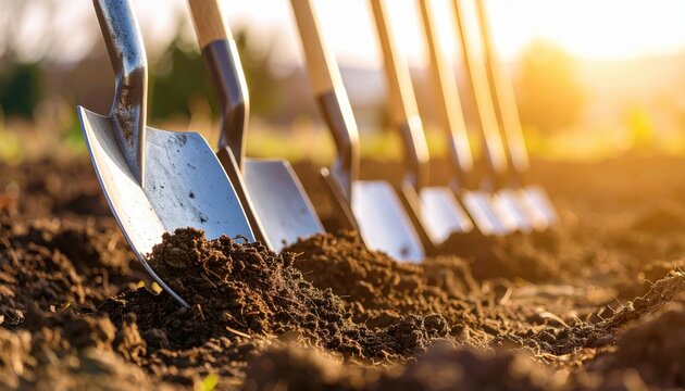 A row of shovels digging into soil during golden hour, symbolizing teamwork, agriculture, planting season or groundbreaking project ceremonies