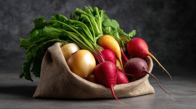 Freshly harvested root vegetables including colorful radishes and turnips in a burlap sack