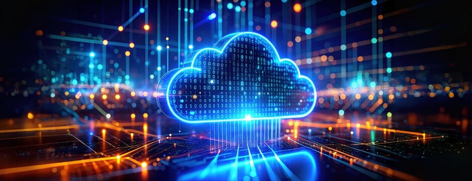 Digital cloud computing concept with glowing data lines and cloud icon representing modern data storage, networking, and futuristic internet technologies