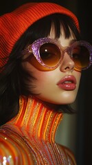 Obraz premium Woman wearing a red hat and sunglasses with a striped shirt creative portrait vertical background