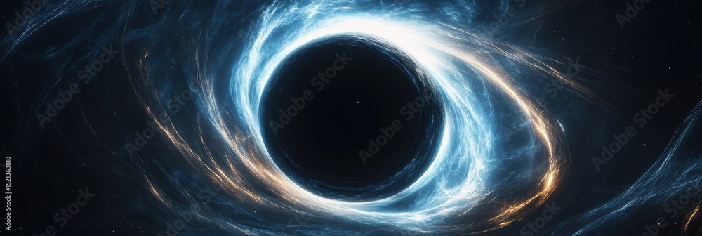 Poster vast representation of a black hole with glowing cosmic elements in a deep space backdrop