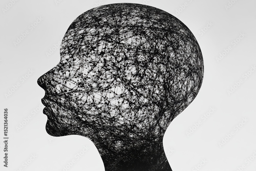 Poster human head silhouette with ai algorithm representation illustrating neural connections