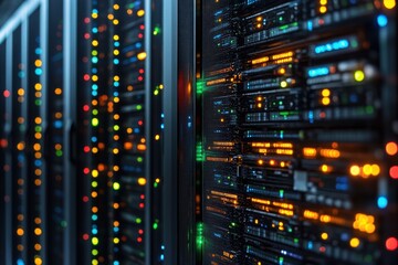 Naklejka premium Massive data center with servers streaming vibrant data in a modern facility