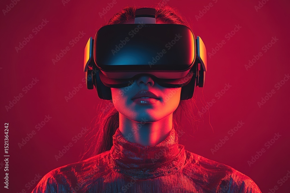 Poster person immersed in virtual reality while transitioning between worlds in a vibrant setting