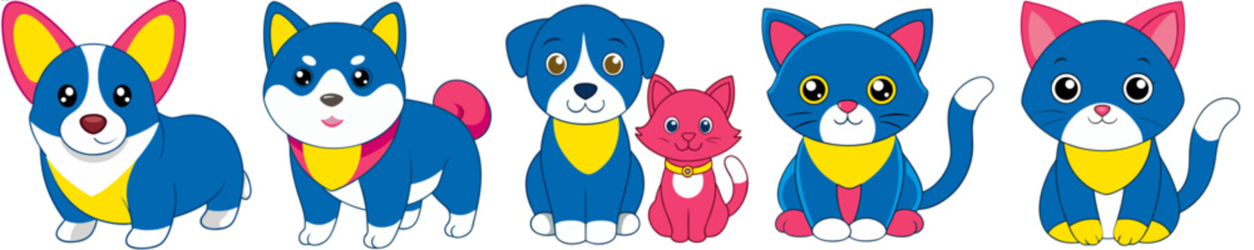 青とピンクの犬と猫キャラクターアイコンセット（ポップアニマル）