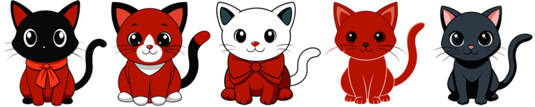 カラフルな猫キャラクターアイコンセット（赤・白・黒の猫）