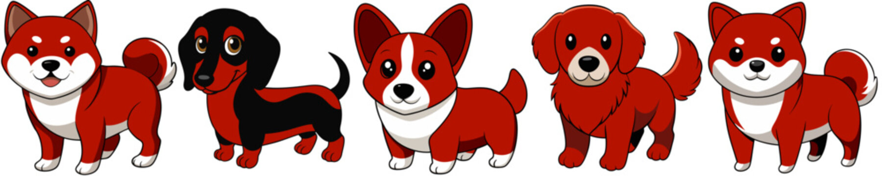 赤い犬キャラクターアイコンセット（犬種バリエーション）