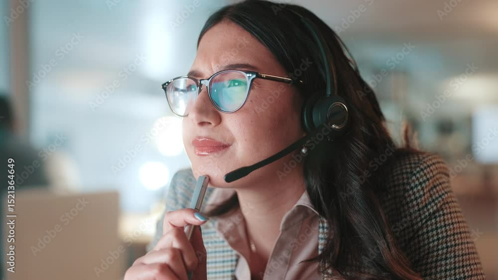 Aufkleber call center, thinking and woman with computer, online reading and problem solving with internet. per