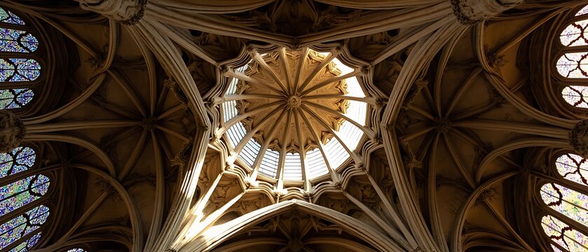 Architectural marvel of a gothic cathedral interior featuring intricate vaulted ceiling design and stained glass windows