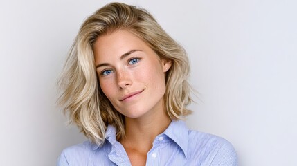 Fototapeta premium Young woman with blonde hair wearing a blue striped shirt, smiling confidently against a neutral background, showcasing natural beauty and a relaxed demeanor, perfect for lifestyle and portrait photog