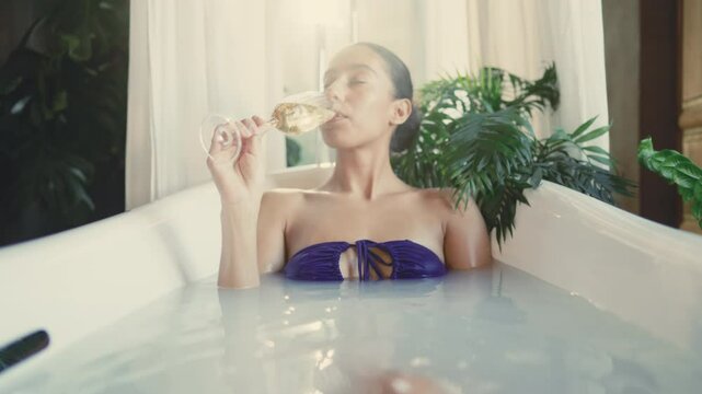 Happy woman sipping sparkling wine from glass, lying in bathtub, enjoy weekend. Alluring arab lady relaxing and feeling good, home spa treatments, celebrating her birthday alone, self-confidence