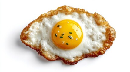 Fried egg with golden yolk and crispy edges, garnished with fresh herbs, presented on a clean white background, showcasing the delicious texture and vibrant colors of this classic breakfast dish