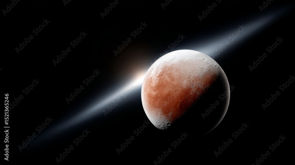 Poster celestial view of a distant planet illuminated by a star, showcasing its textured surface and atmosp