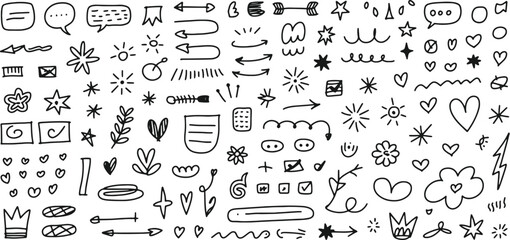 Cute line sketch star, arrow, heart decoration element icon set Illustration vector