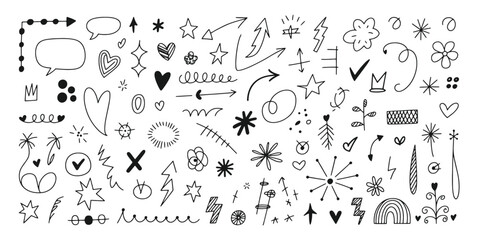 Cute line sketch star, arrow, heart decoration element icon set Illustration vector