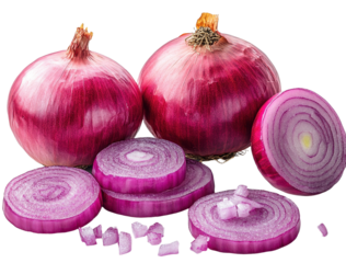 Cut red onions isolated on transparent background. PNG.