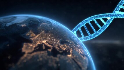 Earth with glowing city lights and rotating DNA structure showcases science and global connectivity - Powered by Adobe