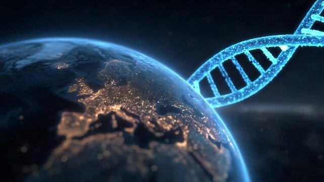 Earth with glowing city lights and rotating DNA structure showcases science and global connectivity - Powered by Adobe