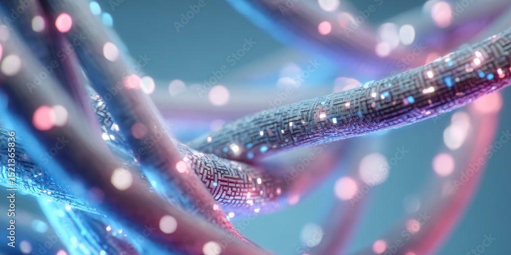 Poster intricate data flow visualization with glowing cables and digital network representing innovation