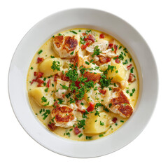 Thick Scottish Cullen Skink Soup with Smoked Haddock, Potatoes, Onions, and Chopped Parsley for a Comforting Meal