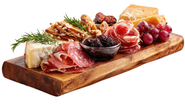 Beautifully arranged wooden charcuterie board featuring an assortment of cured meats, cheeses, grapes, olives, and crackers against a transparent background