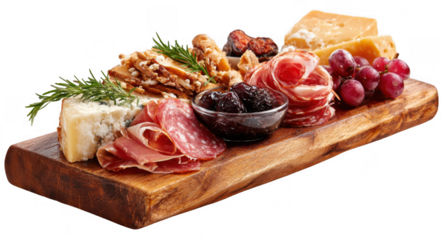 Beautifully arranged wooden charcuterie board featuring an assortment of cured meats, cheeses, grapes, olives, and crackers against a transparent background