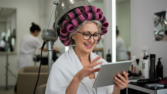 Happy Senior Woman with Hair Rollers Under Salon Dryer Smiles While Using Tablet | Relaxing Hair Styling & Beauty Treatment in Modern Salon