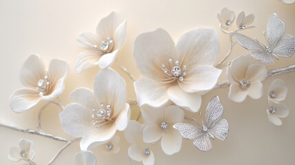 Three-dimensional flowers and butterflies are the main elements