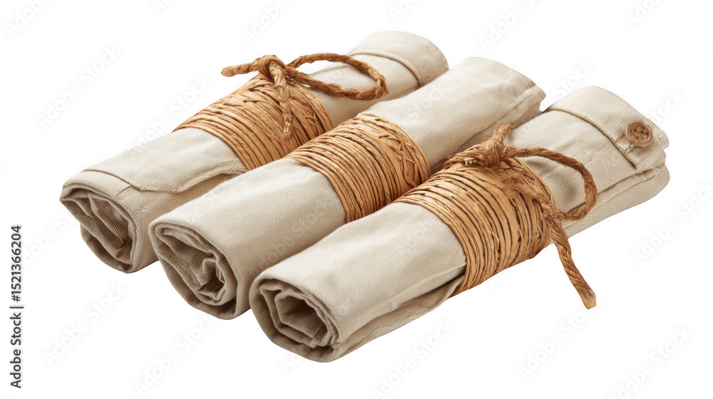 Poster three rolled beige pants are tied with raffia ribbon on a transparent background, creating a neat an