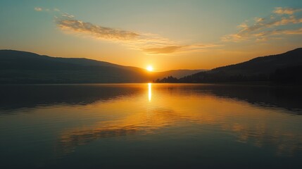 Sunset at a calm mountain lake in Austria with mirror-like reflection 