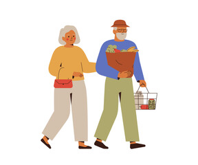 Senior couple walking with groceries after shopping. Elderly man and woman with bags full of fresh food and drinks. Family buy products in supermarket and check expenses. Vector illustration