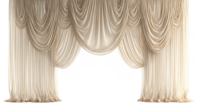Luxurious cream curtains elegantly draped and gathered, creating a sophisticated backdrop with a transparent background, perfect for design projects