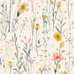 Seamless Wildflower Meadow Pattern with Watercolor Flowers and Grasses
