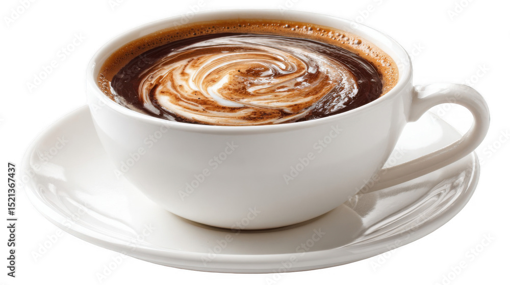 Poster steaming cup of dark coffee with cream swirling on top sits on a white saucer, isolated on a transpa