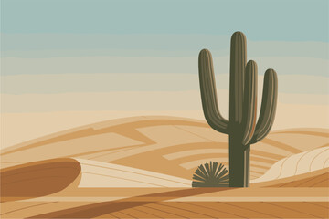 A desert scene with a cactus in the foreground. The cactus is the only plant in the scene, and it is the only object that stands out. The scene is mostly empty, with no other plants or animals visible