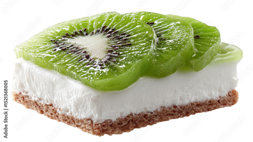 Poster slices of fresh. gleaming kiwi fruit are artfully arranged on a smooth layer of creamy yogurt. set a
