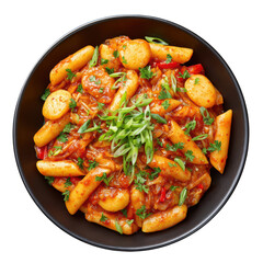 Fototapeta premium Delicious Tteokbokki Dish with Spicy Sauce, Fish Cakes, Rice Cakes, and Fresh Green Onions on a Black Plate