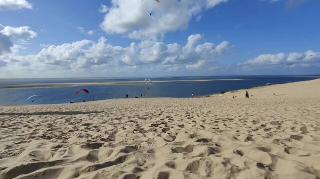 People paragliding at the Great Dune of Pilat, Arcachon Basin, Nouvelle Aquitaine, France.