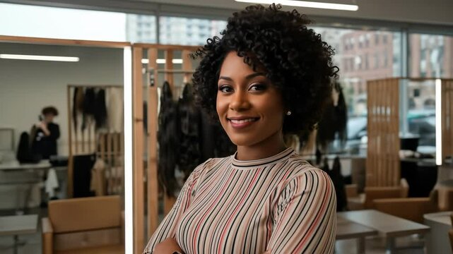 Confident Black Female Entrepreneur & Salon Owner with Natural Afro Smiles in Her Modern Hair Extension & Wig Boutique | Successful Small Business
